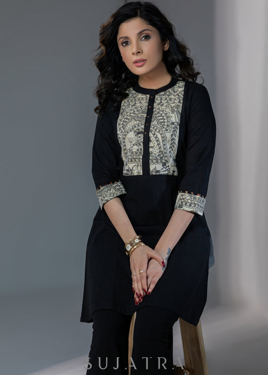 Casual Black cotton silk tunic with madhubani yoke design